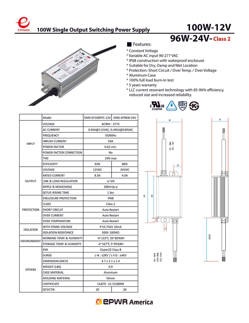 E-POWER 100W-12V LED Power Supply