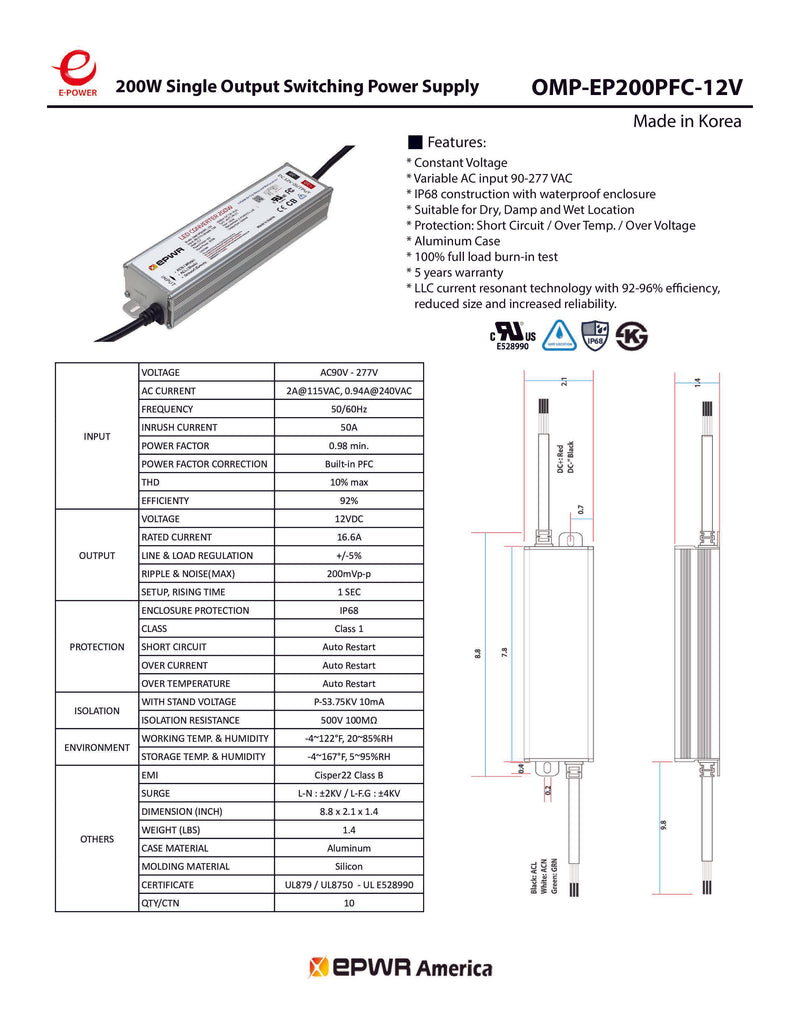 E-POWER 200W-12V LED Power Supply