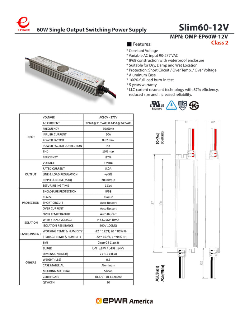 E-POWER SLIM 60W-12V LED Power Supply